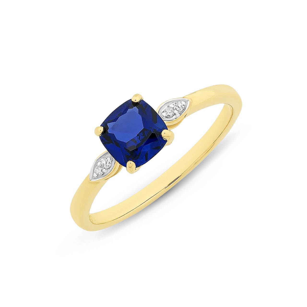 9Ct Yellow Gold Created Sapphire And Diamond Ring