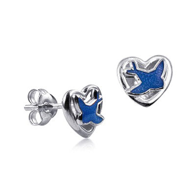 Blue Bird Heart Earrings Sterling Silver