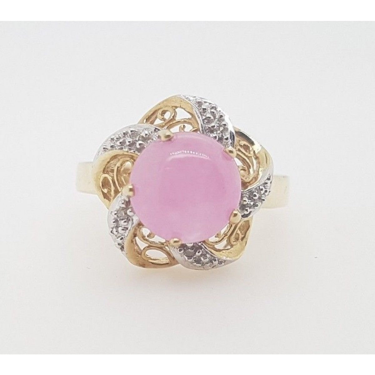 Vintage Ladies 9ct Yellow & White Gold Ring w. Pink Stone & Diamonds (Preloved)